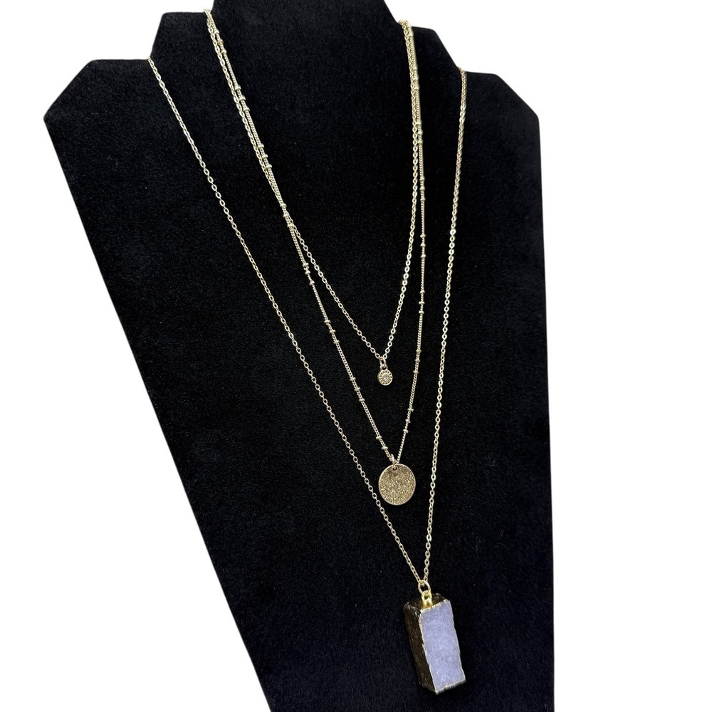 Layered Gold Tone Necklace Purple Crystal Druzy Pendant Satellite Chain Jewelry - Picture 3 of 6